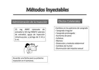 Métodos Inyectables

Administración de la Inyección            Efectos Colaterales

                                       -Cambios en los patrones de sangrado
  25 mg AMP/ cipionato de
                                       – Sangrado irregular
  estradiol o 50 mg ENNET/ valerato
                                       – Sangrado prolongado
  de estradiol, aguja de inyección
                                       - Aumento de peso
  intramuscular, y jeringa de 2 ml o
                                       - Cefaleas
  5 ml.
                                       - Mareos
                                       - Distensión y molestia abdominal
                                       - Cambios de humor
                                       - Disminución del impulso sexual



Acuerde una fecha para su próxima
inyección en 4 semanas.
 