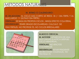 METODOS NATURALES
                   M. RITMO O CALENDARIO:
M. DE ACCION: AL CICLO MAS CORTO SE RESTA 18 ( 1 DIA FERTIL Y AL
MAS LARGO 11 (ULTIMO DIA FERTIL)
VENTAJAS: SE BASA EN PROPIOS CICLOS , NINGU EFECTO COLATERAL
DESVENTAJAS: TENER GRADO ESCOLARIDAD, CÁLCULO DE
DÍAS FERTILES, NO PROTEGE ITS, NO CICLOS IRREGULARES


                                M.MOCO CERVICAL
                                M. ACCION: APARICION DE UNA
                                MUCOSIDAD ELASTICA DESPUES
                                CICLO MENSTRUAL.
                                VENTAJAS: NO EFECTOS
                                COLATERALES
                                DESVENTAJAS: ESTAR PENDIENTE
                                SECRECIONES VAGINALES, NO
                                PROTEGE ITS
 
