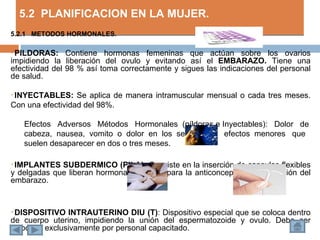 5.2 PLANIFICACION EN LA MUJER.
5.2.1 METODOS HORMONALES.

PILDORAS: Contiene hormonas femeninas que actúan sobre los ovarios
impidiendo la liberación del ovulo y evitando así el EMBARAZO. Tiene una
efectividad del 98 % así toma correctamente y sigues las indicaciones del personal
de salud.

INYECTABLES: Se aplica de manera intramuscular mensual o cada tres meses.
Con una efectividad del 98%.

    Efectos Adversos Métodos Hormonales (píldoras e Inyectables): Dolor de
    cabeza, nausea, vomito o dolor en los senos, son efectos menores que
    suelen desaparecer en dos o tres meses.

IMPLANTES SUBDERMICO (PILA): Consiste en la inserción de capsulas flexibles
y delgadas que liberan hormonas eficaces para la anticoncepción y prevención del
embarazo.


DISPOSITIVO INTRAUTERINO DIU (T): Dispositivo especial que se coloca dentro
de cuerpo uterino, impidiendo la unión del espermatozoide y ovulo. Debe ser
colocado exclusivamente por personal capacitado.
 