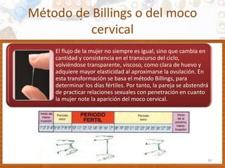 Método de Billings o del moco
cervical
10
El flujo de la mujer no siempre es igual, sino que cambia en
cantidad y consistencia en el transcurso del ciclo,
volviéndose transparente, viscoso, como clara de huevo y
adquiere mayor elasticidad al aproximarse la ovulación. En
esta transformación se basa el método Billings, para
determinar los días fértiles. Por tanto, la pareja se abstendrá
de practicar relaciones sexuales con penetración en cuanto
la mujer note la aparición del moco cervical.
 