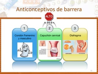 Anticonceptivos de barrera
1
Condón Femenino
y masculino
2
Capuchón cervical
3
Diafragma
12
 