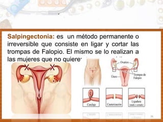 26
Salpingectonia: es un método permanente o
irreversible que consiste en ligar y cortar las
trompas de Falopio. El mismo se lo realizan a
las mujeres que no quieren tener mas hijos.
 