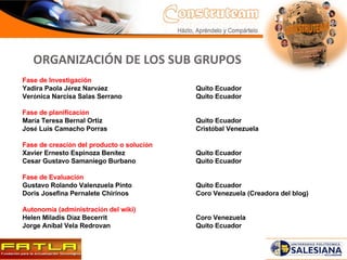 Fase de Investigación Yadira Paola J é rez Narv á ez  Quito Ecuador  Ver ó nica Narcisa Salas Serrano  Quito Ecuador Fase de planificaci ó n  Mar í a Teresa Bernal Ortiz  Quito Ecuador  Jos é  Luis Camacho Porras  Crist ó bal Venezuela  Fase de creaci ó n del producto o soluci ó n  Xavier Ernesto Espinoza Ben í tez  Quito Ecuador  Cesar Gustavo Samaniego Burbano    Quito Ecuador  Fase de Evaluaci ó n Gustavo Rolando Valenzuela Pinto  Quito Ecuador  Doris Josefina Pernalete Chirinos Coro Venezuela (Creadora del blog) Autonom í a (administraci ó n del wiki) Helen Miladis D í az Becerrit  Coro Venezuela  Jorge An í bal Vela Redrovan  Quito Ecuador  ORGANIZACIÓN DE LOS SUB GRUPOS 
