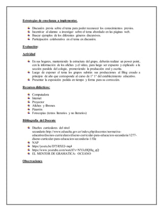 Estrategias de enseñanza a implementar.
Discusión previa sobre el tema para poder reconocer los conocimientos previos.
Incentivar al alumno a investigar sobre el tema abordado en las páginas web.
Buscar ejemplos de los diferentes géneros discursivos.
Participación colaborativa en el tema en discusión.
Evaluación:
Actividad
En sus hogares, manteniendo la estructura del grupo, deberán realizar un power point,
con la información de los afiches y el video, para luego ser expuesto y explicado a la
sección paralela del colegio, promoviendo la producción oral y escrita.
Luego de exponer el tema los grupos subirán sus producciones al Blog creado a
principio de año que corresponde al curso de 1° 1° del establecimiento educativo.
Presentar la exposición pedida en tiempo y forma para su corrección.
Recursos didácticos:
Computadora
Internet
Proyector
Afiches y fibrones
Pizarrón
Fotocopias (textos literarios y no literarios)
Bibliografía del Docente
Diseños curriculares del nivel
secundario:http://www.edusalta.gov.ar/index.php/docentes/normativa-
educativa/disenos-curriculares/diseno-curricular-para-educacion-secundaria/1277-
diseno-curricular-para-educacion-secundaria-1/file
NAP
https://youtu.be/D75RXEJ-mq4
https://www.youtube.com/watch?v=NYJcHQHq_qQ
EL MENTOR DE GRAMATICA- OCEANO
Observaciones
 