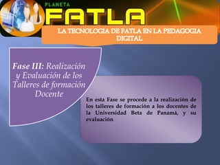 Fase III: Realización
 y Evaluación de los
Talleres de formación
       Docente
                        En esta Fase se procede a la realización de
                        los talleres de formación a los docentes de
                        la Universidad Beta de Panamá, y su
                        evaluación
 