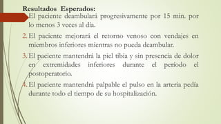Resultados Esperados:
1. El paciente deambulará progresivamente por 15 min. por
lo menos 3 veces al día.
2. El paciente mejorará el retorno venoso con vendajes en
miembros inferiores mientras no pueda deambular.
3. El paciente mantendrá la piel tibia y sin presencia de dolor
en extremidades inferiores durante el período el
postoperatorio.
4. El paciente mantendrá palpable el pulso en la arteria pedía
durante todo el tiempo de su hospitalización.
 