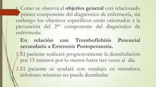 5. Como se observa el objetivo general está relacionado
al primer componente del diagnóstico de enfermería, sin
embargo los objetivos específicos están orientados a la
prevención del 2do componente del diagnóstico de
enfermería:
En relación con Tromboflebitis Potencial
secundaria a Estenosis Postoperatoria.
1.El paciente realizará progresivamente la deambulación
por 15 minutos por lo menos hasta tres veces al día.
2.El paciente se ayudará con vendajes en miembros
inferiores mientras no pueda deambular.
 