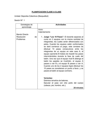 PLANIFICACION CLASE A CLASE
Unidad: Deportes Colectivos (Basquetbol)
Sesión Nº: 1
Estrategias de
aprendizaje
Actividades
Mando Directo
Resolución de
Problemas
Inicio:
Calentamiento
1. Juego “Los 10 Pases”: El docente separara al
curso en 2 equipos con la misma cantidad de
integrantes, los cuales serán diferenciados con
petos. Cuando los equipos estén conformados
se dará comienzo al juego, este constara de
efectuar 10 pases consecutivos entre los
integrantes de un equipo en este caso A, el
equipo oponente B tratara de impedir los pases
interviniéndolos durante la fase de vuelo del
balón. Una vez que el equipo rival B obtenga el
balón los papeles se invertirán, el equipo A
pasara a ser B y el equipo B pasara a ser A.
Cuando uno de los 2 equipos logre efectuar los
10 pases se considerara un punto a favor, y se
pasara el balón al equipo contrario.
Variantes:
Distintos tamaños de balones.
Ejecutar el pase con otra parte del cuerpo
(cabeza, pie, hombro, etc.).
25 minutos
 