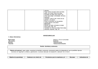 cartulina
Pegar bolitas de papel sobre las líneas
pasar con el dedo índice las líneas
inclinadas de abajo hacia arriba y de
arriba hacia abajo (Actividades de forma
separada)
Conversar sobre la vida marina de las
gaviotas y los peces
Imitar el movimiento de las gaviotas
cuando pescan a los peces.
Aplicación.
Dactilar las líneas inclinadas de abajo
hacia arriba. Pág. 143
Completar los trazos de arriba hacia abajo
utilizando crayones. Pág. 181
MICROCURRICULAR
1.- Datos informativos:
Nivel Inicial Bloque 4: Vivo en comunidad.
Año lectivo: Duración:
Sección: Fecha de inicio:
Docente: Fecha de terminación:
Ámbito: identidad y autonomía
Objetivo del subnivel: lograr niveles crecientes de identidad y autonomía, alcanzando grados de independencia que le posibiliten ejecutar
acciones con seguridad y confianza, garantizando un proceso adecuado de aceptación y valoración de sí mismo.
Objetivo de aprendizaje Destrezas con criterio de Precisiones para la enseñanza y el Recursos Indicadores de
 