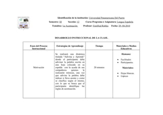 NOVA UNIVERSITAS
                                                           Identificación de la institución: Universidad Panamericana Del Puerto

         UNIPAP
                                                   Semestre: III      Sección: 12          Curso Programa o Asignatura: Lengua Española
                                                      Temática: La Acentuación        Profesor: Emilfred Robles   Fecha: 29- 04-2010
DE




     S   E T   SAPIE N   I A
                     T
 U




                                                         DESARROLLO INSTRUCCIONAL DE LA CLASE.


                               Fases del Proceso          Estrategias de Aprendizaje                Tiempo             Materiales o Medios
                                 Instruccional                                                                            Educativos

                                                         Se realizará una dinámica                                          Humano:
                                                         titulada “Adivina y Aprende”
                                                         donde el participante debe                                     •   Facilitador.
                                                         adivinar la palabra escrita en                                 •   Participantes.
                                                         una hoja colocada en su
                                  Motivación             espalda con la ayuda de sus              20 minutos                 Materiales:
                                                         compañeros        quienes    le
                                                         realizarán mímicas, una vez                                    •   Hojas blancas.
                                                         que adivine la palabra debe                                    •   Lápices
                                                         indicar si lleva acento y como
                                                         se clasifica según el mismo,
                                                         con lo que se busca que el
                                                         participante identifique las
                                                         reglas de acentuación.
 