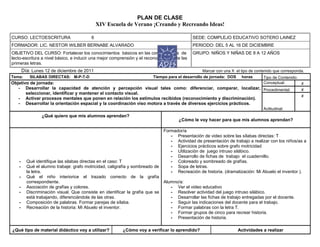 PLAN DE CLASE
XIV Escuela de Verano ¡Creando y Recreando Ideas!
CURSO: LECTOESCRITURA 6 SEDE: COMPLEJO EDUCATIVO SOTERO LAINEZ
FORMADOR: LIC. NESTOR WILBER BERNABE ALVARADO PERIODO: DEL 5 AL 16 DE DICIEMBRE
OBJETIVO DEL CURSO: Fortalecer los conocimientos básicos en las competencias de
lecto-escritura a nivel básico, e inducir una mejor comprensión y el reconocimiento de las
primeras letras.
GRUPO: NIÑOS Y NIÑAS DE 8 A 12 AÑOS
Día: Lunes 12 de diciembre de 2011 Marcar con una X el tipo de contenido que corresponda.
Tema: SILABAS DIRECTAS: M-P-T-D Tiempo para el desarrollo de jornada: DOS horas Tipo de Contenido:
Objetivo de jornada:
- Desarrollar la capacidad de atención y percepción visual tales como: diferenciar, comparar, localizar,
seleccionar, identificar y mantener el contacto visual.
- Activar procesos mentales que ponen en relación los estímulos recibidos (reconocimiento y discriminación).
- Desarrollar la orientación espacial y la coordinación viso motora a través de diversos ejercicios prácticos.
Conceptual: x
Procedimental: x
Actitudinal:
x
¿Qué quiero que mis alumnos aprendan?
¿Cómo le voy hacer para que mis alumnos aprendan?
- Qué identifique las silabas directas en el caso: T
- Qué el alumno trabaje: grafo motricidad, caligrafía y sombreado de
la letra.
- Qué el niño interiorice el trazado correcto de la grafía
correspondiente.
- Asociación de grafías y colores.
- Discriminación visual. Que consiste en identificar la grafía que se
está trabajando, diferenciándola de las otras.
- Composición de palabras. Formar parejas de sílaba.
- Recreación de la historia: Mi Abuelo el inventor.
Formador/a
- Presentación de video sobre las sílabas directas: T
- Actividad de presentación de trabajo a realizar con los niños/as a
- Ejercicios prácticos sobre grafo motricidad
- Utilización de juego intruso silábico.
- Desarrollo de fichas de trabajo el cuadernillo.
- Coloreado y sombreado de grafías.
- Sopa de letras.
- Recreación de historia. (dramatización: Mi Abuelo el inventor ).
Alumno/a:
- Ver el video educativo
- Resolver actividad del juego intruso silábico.
- Desarrollar las fichas de trabajo entregadas por el docente.
- Seguir las indicaciones del docente para el trabajo.
- Formar palabras con la letra T.
- Formar grupos de cinco para recrear historia.
- Presentación de historia.
¿Qué tipo de material didáctico voy a utilizar? ¿Cómo voy a verificar lo aprendido? Actividades a realizar
 