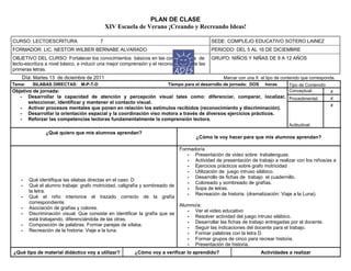 PLAN DE CLASE
XIV Escuela de Verano ¡Creando y Recreando Ideas!
CURSO: LECTOESCRITURA 7 SEDE: COMPLEJO EDUCATIVO SOTERO LAINEZ
FORMADOR: LIC. NESTOR WILBER BERNABE ALVARADO PERIODO: DEL 5 AL 16 DE DICIEMBRE
OBJETIVO DEL CURSO: Fortalecer los conocimientos básicos en las competencias de
lecto-escritura a nivel básico, e inducir una mejor comprensión y el reconocimiento de las
primeras letras.
GRUPO: NIÑOS Y NIÑAS DE 8 A 12 AÑOS
Día: Martes 13 de diciembre de 2011 Marcar con una X el tipo de contenido que corresponda.
Tema: SILABAS DIRECTAS: M-P-T-D Tiempo para el desarrollo de jornada: DOS horas Tipo de Contenido:
Objetivo de jornada:
- Desarrollar la capacidad de atención y percepción visual tales como: diferenciar, comparar, localizar,
seleccionar, identificar y mantener el contacto visual.
- Activar procesos mentales que ponen en relación los estímulos recibidos (reconocimiento y discriminación).
- Desarrollar la orientación espacial y la coordinación viso motora a través de diversos ejercicios prácticos.
- Reforzar las competencias lectoras fundamentalmente la comprensión lectora.
Conceptual: x
Procedimental: x
Actitudinal:
x
¿Qué quiero que mis alumnos aprendan?
¿Cómo le voy hacer para que mis alumnos aprendan?
- Qué identifique las silabas directas en el caso: D
- Qué el alumno trabaje: grafo motricidad, caligrafía y sombreado de
la letra.
- Qué el niño interiorice el trazado correcto de la grafía
correspondiente.
- Asociación de grafías y colores.
- Discriminación visual. Que consiste en identificar la grafía que se
está trabajando, diferenciándola de las otras.
- Composición de palabras. Formar parejas de sílaba.
- Recreación de la historia: Viaje a la luna.
Formador/a
- Presentación de video sobre trabalenguas.
- Actividad de presentación de trabajo a realizar con los niños/as a
- Ejercicios prácticos sobre grafo motricidad
- Utilización de juego intruso silábico.
- Desarrollo de fichas de trabajo el cuadernillo.
- Coloreado y sombreado de grafías.
- Sopa de letras.
- Recreación de historia. (dramatización: Viaje a la Luna).
Alumno/a:
- Ver el video educativo
- Resolver actividad del juego intruso silábico.
- Desarrollar las fichas de trabajo entregadas por el docente.
- Seguir las indicaciones del docente para el trabajo.
- Formar palabras con la letra D.
- Formar grupos de cinco para recrear historia.
- Presentación de historia.
¿Qué tipo de material didáctico voy a utilizar? ¿Cómo voy a verificar lo aprendido? Actividades a realizar
 