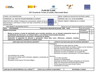 PLAN DE CLASE
XIV Escuela de Verano ¡Creando y Recreando Ideas!
CURSO: LECTOESCRITURA 2 SEDE: COMPLEJO EDUCATIVO SOTERO LAINEZ
FORMADOR: LIC. NESTOR WILBER BERNABE ALVARADO PERIODO: DEL 5 AL 16 DE DICIEMBRE
OBJETIVO DEL CURSO: Fortalecer los conocimientos básicos en las competencias de
lecto-escritura a nivel básico, e inducir una mejor comprensión y el reconocimiento de las
primeras letras.
GRUPO: NIÑOS Y NIÑAS DE 8 A 12 AÑOS
Día: Martes 6 de diciembre de 2011 Marcar con una X el tipo de contenido que corresponda.
Tema: LAS VOCALES. Tiempo para el desarrollo de jornada: DOS horas Tipo de Contenido:
Objetivo de jornada:
- Motivar al alumno a través de actividades que le resulten atractivas, con un elevado componente visual, con
posibilidades de interacción, un enfoque lúdico y una evidente intencionalidad educativa.
- Discriminar auditivamente los fonemas y visualmente las grafías.
- Desarrollar la capacidad de atención y percepción visual tales como: diferenciar, comparar, localizar,
seleccionar, identificar y mantener el contacto visual.
Conceptual: x
Procedimental: x
Actitudinal:
x
¿Qué quiero que mis alumnos aprendan? ¿Cómo le voy hacer para que mis alumnos aprendan?
- Qué identifique las vocales.
- Qué el alumno trabaje: grafo motricidad, caligrafía y sombreado de
las vocales, a-o-i.
- Recreación de la historia: El Armario Mágico.
Formador/a
- Presentación de video sobre las vocales.
- Actividad de presentación de trabajo a realizar con los niños/as a
- Ejercicios prácticos sobre grafo motricidad
- Utilización de rompecabezas para encontrar las vocales.
- Explicación de cómo se trabajará con el cuadernillo.
- Recreación de historia. (dramatización: El Armario Mágico).
Alumno/a:
- Ver el video educativo
- Resolver el rompecabezas.
- Desarrollar las fichas de trabajo entregadas por el docente.
- Seguir las indicaciones del docente para el trabajo.
- Formar grupos de cinco para recrear historia.
- Presentación de historia.
¿Qué tipo de material didáctico voy a utilizar? ¿Cómo voy a verificar lo aprendido? Actividades a realizar
 
