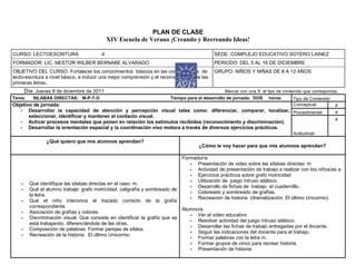 PLAN DE CLASE
XIV Escuela de Verano ¡Creando y Recreando Ideas!
CURSO: LECTOESCRITURA 4 SEDE: COMPLEJO EDUCATIVO SOTERO LAINEZ
FORMADOR: LIC. NESTOR WILBER BERNABE ALVARADO PERIODO: DEL 5 AL 16 DE DICIEMBRE
OBJETIVO DEL CURSO: Fortalecer los conocimientos básicos en las competencias de
lecto-escritura a nivel básico, e inducir una mejor comprensión y el reconocimiento de las
primeras letras.
GRUPO: NIÑOS Y NIÑAS DE 8 A 12 AÑOS
Día: Jueves 8 de diciembre de 2011 Marcar con una X el tipo de contenido que corresponda.
Tema: SILABAS DIRECTAS: M-P-T-D Tiempo para el desarrollo de jornada: DOS horas Tipo de Contenido:
Objetivo de jornada:
- Desarrollar la capacidad de atención y percepción visual tales como: diferenciar, comparar, localizar,
seleccionar, identificar y mantener el contacto visual.
- Activar procesos mentales que ponen en relación los estímulos recibidos (reconocimiento y discriminación).
- Desarrollar la orientación espacial y la coordinación viso motora a través de diversos ejercicios prácticos.
Conceptual: x
Procedimental: x
Actitudinal:
x
¿Qué quiero que mis alumnos aprendan?
¿Cómo le voy hacer para que mis alumnos aprendan?
- Qué identifique las silabas directas en el caso: m.
- Qué el alumno trabaje: grafo motricidad, caligrafía y sombreado de
la letra.
- Qué el niño interiorice el trazado correcto de la grafía
correspondiente.
- Asociación de grafías y colores.
- Discriminación visual. Que consiste en identificar la grafía que se
está trabajando, diferenciándola de las otras.
- Composición de palabras. Formar parejas de sílaba.
- Recreación de la historia: El último Unicornio.
Formador/a
- Presentación de video sobre las sílabas directas: m
- Actividad de presentación de trabajo a realizar con los niños/as a
- Ejercicios prácticos sobre grafo motricidad
- Utilización de juego intruso silábico.
- Desarrollo de fichas de trabajo el cuadernillo.
- Coloreado y sombreado de grafías.
- Recreación de historia. (dramatización: El último Unicornio).
Alumno/a:
- Ver el video educativo
- Resolver actividad del juego intruso silábico.
- Desarrollar las fichas de trabajo entregadas por el docente.
- Seguir las indicaciones del docente para el trabajo.
- Formar palabras con la letra m.
- Formar grupos de cinco para recrear historia.
- Presentación de historia.
 