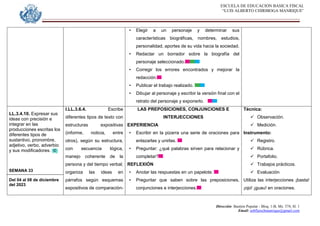 ESCUELA DE EDUCACION BASICA FISCAL
“LUIS ALBERTO CHIRIBOGA MANRIQUE”
Dirección: Bastión Popular - Bloq. 1-B, Mz. 574, Sl. 1
Email: eebfluischmanrique@gmail.com
• Elegir a un personaje y determinar sus
características biográficas, nombres, estudios,
personalidad, aportes de su vida hacia la sociedad.
• Redactar un borrador sobre la biografía del
personaje seleccionado.
• Corregir los errores encontrados y mejorar la
redacción.
• Publicar el trabajo realizado.
• Dibujar al personaje y escribir la versión final con el
retrato del personaje y exponerlo.
LL.3.4.10. Expresar sus
ideas con precisión e
integrar en las
producciones escritas los
diferentes tipos de
sustantivo, pronombre,
adjetivo, verbo, adverbio
y sus modificadores.
SEMANA 33
Del 04 al 08 de diciembre
del 2023
I.LL.3.6.4. Escribe
diferentes tipos de texto con
estructuras expositivas
(informe, noticia, entre
otros), según su estructura,
con secuencia lógica,
manejo coherente de la
persona y del tiempo verbal;
organiza las ideas en
párrafos según esquemas
expositivos de comparación-
LAS PREPOSICIONES, CONJUNCIONES E
INTERJECCIONES
EXPERIENCIA
• Escribir en la pizarra una serie de oraciones para
enlazarlas y unirlas.
• Preguntar: ¿qué palabras sirven para relacionar y
completar?
REFLEXIÓN
• Anotar las respuestas en un papelote.
• Preguntar que saben sobre las preposiciones,
conjunciones e interjecciones.
Técnica:
 Observación.
 Medición.
Instrumento:
 Registro.
 Rúbrica.
 Portafolio.
 Trabajos prácticos.
 Evaluación
Utiliza las interjecciones ¡basta!
¡ojo! ¡guau! en oraciones.
 