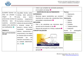 ESCUELA DE EDUCACION BASICA FISCAL
“LUIS ALBERTO CHIRIBOGA MANRIQUE”
Dirección: Bastión Popular - Bloq. 1-B, Mz. 574, Sl. 1
Email: eebfluischmanrique@gmail.com
• Invitar a que completen las actividades planteadas
en el cuaderno de trabajo.
LL.3.4.10. Expresar sus
ideas con precisión e
integrar en las
producciones escritas los
diferentes tipos de
sustantivo, pronombre,
adjetivo, verbo, adverbio y
sus modificadores.
SEMANA 34
Del 11 al 15 de diciembre
del 2023
I.LL.3.6.2. Escribe cartas,
noticias, diario personal,
entre otros textos
narrativos, (organizando
los hechos y acciones con
criterios de secuencia lógica
y temporal, manejo de
persona y tiempo verbal,
conectores temporales
aditivos, proposiciones y
conjunciones) y los integra
en diversos tipos de textos
producidos con una
intención comunicativa y en
un contexto determinado.
(I.3., I.4.)
ESCRITURA DE UNA AUTOBIOGRAFÍA
EXPERIENCIA
• Mencionar alguna característica que considere
importante de su propia vida, característica física,
personalidad, comportamiento.
REFLEXIÓN
• Pedir a los estudiantes que mencionen algún
recuerdo que ha marcado su vida.
• Plasmar ese recuerdo en un dibujo y explicarlo.
CONCEPTUALIZACIÓN
• Diferenciar entre biografía y autobiografía mediante
ejemplos.
Técnica:
 Observación.
 Medición.
Instrumento:
 Registro.
 Rúbrica.
 Portafolio.
 Trabajos prácticos.
 Evaluación
Escribe tu autobiografía,
siguiendo el esquema.
Lugares
Cronología o
secuencia
Personajes
 