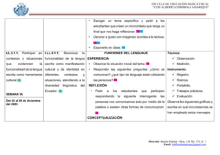 ESCUELA DE EDUCACION BASICA FISCAL
“LUIS ALBERTO CHIRIBOGA MANRIQUE”
Dirección: Bastión Popular - Bloq. 1-B, Mz. 574, Sl. 1
Email: eebfluischmanrique@gmail.com
• Escoger un tema específico y pedir a los
estudiantes que creen un microrrelato que tenga un
final que nos haga reflexionar.
• Decorar a gusto con imágenes acordes a la lectura.
• Exponerlo en clase.
LL.3.1.1. Participar en
contextos y situaciones
que evidencien la
funcionalidad de la lengua
escrita como herramienta
cultural.
SEMANA 36
Del 26 al 29 de diciembre
del 2023
I.LL.3.1.1. Reconoce la
funcionalidad de la lengua
escrita como manifestación
cultural y de identidad en
diferentes contextos y
situaciones, atendiendo a la
diversidad lingüística del
Ecuador.
FUNCIONES DEL LENGUAJE
EXPERIENCIA
• Observar la situación inicial del tema.
• Responder las siguientes preguntas ¿cómo se
comunican? ¿qué tipo de lenguaje están utilizando
las personas?
REFLEXIÓN
• Pedir a los estudiantes que participen
respondiendo la siguiente interrogante: las
personas nos comunicamos solo por medio de la
palabra o existen otras formas de comunicación.
CONCEPTUALIZACIÓN
Técnica:
 Observación.
 Medición.
Instrumento:
 Registro.
 Rúbrica.
 Portafolio.
 Trabajos prácticos.
 Evaluación
Observa las siguientes gráficas y
escribe en qué circunstancias se
han empleado estos mensajes.
 