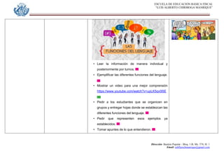 ESCUELA DE EDUCACION BASICA FISCAL
“LUIS ALBERTO CHIRIBOGA MANRIQUE”
Dirección: Bastión Popular - Bloq. 1-B, Mz. 574, Sl. 1
Email: eebfluischmanrique@gmail.com
• Leer la información de manera individual y
posteriormente por turnos.
• Ejemplificar las diferentes funciones del lenguaje.
• Mostrar un video para una mejor comprensión
https://www.youtube.com/watch?v=upLK5qv0l5E
• Pedir a los estudiantes que se organicen en
grupos y entregar hojas donde se establezcan las
diferentes funciones del lenguaje.
• Pedir que representen esos ejemplos ya
establecidos.
• Tomar apuntes de lo que entendieron.
 