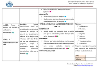 ESCUELA DE EDUCACION BASICA FISCAL
“LUIS ALBERTO CHIRIBOGA MANRIQUE”
Dirección: Bastión Popular - Bloq. 1-B, Mz. 574, Sl. 1
Email: eebfluischmanrique@gmail.com
• Escribir un organizador gráfico en la pizarra y
explicarlo.
APLICACIÓN
• Realizar las actividades del texto.
• Realizar otros ejemplos donde se determine las
diferentes funciones del lenguaje.
LL.3.2.3. Apoyar el
discurso con recursos y
producciones
audiovisuales.
SEMANA 37
Del 02 al 05 de enero del
2024
I.LL.3.2.2. Propone
intervenciones orales con
una intención comunicativa,
organiza el discurso de
acuerdo con las estructuras
básicas de la lengua oral,
reflexiona sobre los efectos
del uso de estereotipos y
prejuicios, adapta el
vocabulario, según las
diversas situaciones
comunicativas a las que se
enfrente.
APOYO AUDIOVISUAL A LAS PRESENTACIONES
ORALES
EXPERIENCIA
• Mostrar videos con diferentes tipos de temas
para que los estudiantes puedan observar cómo
se los representó.
REFLEXIÓN
• Entender que la tecnología tiene muchos usos y
que uno de ellos es sacarle el máximo provecho
para vender productos, mostrar un
emprendimiento, hacer videos, etc.
CONCEPTUALIZACIÓN
Técnica:
 Observación.
 Medición.
Instrumento:
 Registro.
 Rúbrica.
 Portafolio.
 Trabajos prácticos.
 Evaluación
Preparen en parejas el esquema
para planificar una exposición
oral con ayuda audiovisual.
Tema
Objetivo de la
exposición
 