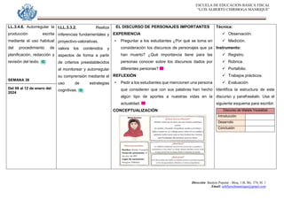 ESCUELA DE EDUCACION BASICA FISCAL
“LUIS ALBERTO CHIRIBOGA MANRIQUE”
Dirección: Bastión Popular - Bloq. 1-B, Mz. 574, Sl. 1
Email: eebfluischmanrique@gmail.com
LL.3.4.6. Autorregular la
producción escrita
mediante el uso habitual
del procedimiento de
planificación, redacción y
revisión del texto.
SEMANA 38
Del 08 al 12 de enero del
2024
I.LL.3.3.2. Realiza
inferencias fundamentales y
proyectivo-valorativas,
valora los contenidos y
aspectos de forma a partir
de criterios preestablecidos
al monitorear y autorregular
su comprensión mediante el
uso de estrategias
cognitivas.
EL DISCURSO DE PERSONAJES IMPORTANTES
EXPERIENCIA
• Preguntar a los estudiantes ¿Por qué se toma en
consideración los discursos de personajes que ya
han muerto? ¿Qué importancia tiene para las
personas conocer sobre los discursos dados por
diferentes personas?
REFLEXIÓN
• Pedir a los estudiantes que mencionen una persona
que consideren que con sus palabras han hecho
algún tipo de aportes a nuestras vidas en la
actualidad.
CONCEPTUALIZACIÓN
Técnica:
 Observación.
 Medición.
Instrumento:
 Registro.
 Rúbrica.
 Portafolio.
 Trabajos prácticos.
 Evaluación
Identifica la estructura de este
discurso y parafraséalo. Usa el
siguiente esquema para escribir.
Discurso de Malala Yousafzai
Introducción
Desarrollo
Conclusión
 