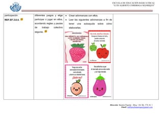 ESCUELA DE EDUCACION BASICA FISCAL
“LUIS ALBERTO CHIRIBOGA MANRIQUE”
Dirección: Bastión Popular - Bloq. 1-B, Mz. 574, Sl. 1
Email: eebfluischmanrique@gmail.com
participación.
REF.EF.3.6.4.
diferentes juegos y elige
participar o jugar en ellos,
acordando reglas y pautas
de trabajo colectivo
seguras.
 Crear adivinanzas con ellos.
 Leer las siguientes adivinanzas a fin de
tener una autoayuda sobre cómo
elaborarlas.
 