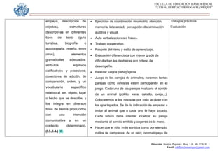 ESCUELA DE EDUCACION BASICA FISCAL
“LUIS ALBERTO CHIRIBOGA MANRIQUE”
Dirección: Bastión Popular - Bloq. 1-B, Mz. 574, Sl. 1
Email: eebfluischmanrique@gmail.com
etopeya, descripción de
objetos), estructuras
descriptivas en diferentes
tipos de texto (guía
turística, biografía o
autobiografía, reseña, entre
otros), elementos
gramaticales adecuados:
atributos, adjetivos
calificativos y posesivos;
conectores de adición, de
comparación, orden, y un
vocabulario específico
relativo al ser, objeto, lugar
o hecho que se describe, y
los integra en diversos
tipos de textos producidos
con una intención
comunicativa y en un
contexto determinado.
(I.3.,I.4.)
 Ejercicios de coordinación visomotriz, atención,
memoria, lateralidad, percepción-discriminación
auditiva y visual.
 Auto verbalizaciones o frases.
 Trabajo cooperativo.
 Respeto del ritmo y estilo de aprendizaje.
 Evaluación diferenciada con menor grado de
dificultad en las destrezas con criterio de
desempeño.
 Realizar juegos pedagógicos.
 Juego de las parejas de animales; haremos tantas
parejas como niños/as estén participando en el
juego. Cada una de las parejas realizara el sonido
de un animal (pollito, vaca, caballo, oveja,,,).
Colocaremos a los niños/as por toda la clase con
los ojos tapados. Se da la indicación de empezar a
imitar al animal que a cada uno le haya tocado.
Cada niño/a debe intentar localizar su pareja
mediante el sonido emitido y cogerse de la mano.
 Hacer que el niño imite sonidos como por ejemplo:
ruidos de campanas, de un reloj, onomatopeya de
Trabajos prácticos.
Evaluación
 