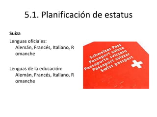 5.1. Planificación de estatus
Suiza
Lenguas oficiales:
  Alemán, Francés, Italiano, R
  omanche

Lenguas de la educación:
  Alemán, Francés, Italiano, R
  omanche
 