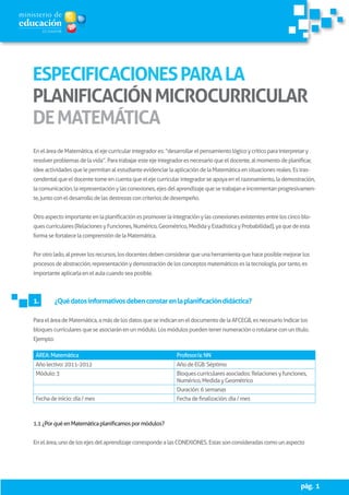 ESPECIFICACIONES PARA LA
PLANIFICACIÓN MICROCURRICULAR
DE MATEMÁTICA
En el área de Matemática, el eje curricular integrador es: “desarrollar el pensamiento lógico y crítico para interpretar y
resolver problemas de la vida”. Para trabajar este eje integrador es necesario que el docente, al momento de planificar,
idee actividades que le permitan al estudiante evidenciar la aplicación de la Matemática en situaciones reales. Es tras-
cendental que el docente tome en cuenta que el eje curricular integrador se apoya en el razonamiento, la demostración,
la comunicación, la representación y las conexiones, ejes del aprendizaje que se trabajan e incrementan progresivamen-
te, junto con el desarrollo de las destrezas con criterios de desempeño.


Otro aspecto importante en la planificación es promover la integración y las conexiones existentes entre los cinco blo-
ques curriculares (Relaciones y Funciones, Numérico, Geométrico, Medida y Estadística y Probabilidad), ya que de esta
forma se fortalece la comprensión de la Matemática.


Por otro lado, al prever los recursos, los docentes deben considerar que una herramienta que hace posible mejorar los
procesos de abstracción, representación y demostración de los conceptos matemáticos es la tecnología, por tanto, es
importante aplicarla en el aula cuando sea posible.



1.	        ¿Qué datos informativos deben constar en la planificación didáctica?

Para el área de Matemática, a más de los datos que se indican en el documento de la AFCEGB, es necesario indicar los
bloques curriculares que se asociarán en un módulo. Los módulos pueden tener numeración o rotularse con un título.
Ejemplo:

 ÁREA: Matemática                                              Profesor/a: NN
 Año lectivo: 2011-2012                                        Año de EGB: Séptimo
 Módulo: 3                                                     Bloques curriculares asociados: Relaciones y funciones,
                                                               Numérico, Medida y Geométrico
                                                               Duración: 6 semanas
 Fecha de inicio: día / mes	                                   Fecha de finalización: día / mes



1.1 ¿Por qué en Matemática planificamos por módulos?


En el área, uno de los ejes del aprendizaje corresponde a las CONEXIONES. Estas son consideradas como un aspecto




                                                                                                                      pág. 1
 