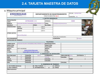 2.4. TARJETA MAESTRA DE DATOS
MÁQUINA/EQ
UIPO:
CÓDIGO:
MARCA: TIPO:
MODELO: PESO: No SERIE:
ACCIONAMIENTO:
FABRICANTE: REPRESENTANTE:
DIRECCIÓN:
TELEFONO:
MÓVIL:
WEB:
E-MAIL
ELECTRICIDAD X TENSIÓN: 220 V CORRIENTE: FRECUENCIA:60 Hz POTENCIA:
AIRE X PRESIÓN: CAUDAL:
AGUA X PRESIÓN: CAUDAL: TEMP ° C
VAPOR PRESIÓN:
GAS PRESIÓN: CAUDAL:
1. UN TURNO (8 Horas) 3. TRES TURNOS
2. DOS TURNOS 4. INTERMITENTE X 6. OTROS
SIN CATÁLOGO
5. CRÍTICO X
Observaciones:
CAUDAL:
4. EXIGENCIA DE TRABAJO
maket@chinajinghua.com E-MAIL
3. SERVICIOS DE OPERACIÓN
115 PSI
0577-65195556 MÓVIL:
www.china-fmjx.com WEB:
TELEFONO:
DIRECCIÓN:
TELEFONO:
ZHEJIAN RUIAN FENGMING MACHINERY CO LTD
DIMENSIONES: ALTO: 3,00 m
ANCHO: 1,50 m
LARGO: 6,00 m
OTROS DATOS:
Fecha de instalación:
CONEXIÓN: 3 Fases
CAPACIDAD DE TRABAJO:
EXTRUSORA # 4 EX04
ZHEJIAN RUIAN FENGMING MACHINERY CO LTD Compuesta/mecanico
1. DATOS GENERALES
DEPARTAMENTO DE MANTENIMIENTO
TARJETA MAESTRA No 4
FECHA: 10/09/2018
VERSIÓN: 01
a. Máquina principal
 