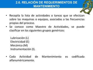 2.6. RELACIÓN DE REQUERIMIENTOS DE
MANTENIMIENTO
• Recopila la lista de actividades o tareas que se efectúan
sobre las maquinas o equipos, asociadas a las frecuencias
propias del proceso.
• Se conoce como Maestro de Actividades, se puede
clasificar en los siguientes grupos genéricos:
Lubricación (L)
Electricidad (E)
Mecánica (M)
Instrumentación (I).
• Cada Actividad de Mantenimiento es codificada
alfanuméricamente.
 