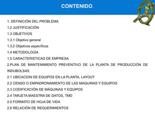 1. DEFINICIÓN DEL PROBLEMA
1.2 JUSTIFICACIÓN
1.3 OBJETIVOS
1.3.1 Objetivo general
1.3.2 Objetivos específicos
1.4 METODOLOGÍA
1.5 CARACTERISTICAS DE EMPRESA
2.PLAN DE MANTENIMIENTO PREVENTIVO DE LA PLANTA DE PRODUCCIÓN DE
INDUBOLSAS
2.1 UBICACION DE EQUIPOS EN LA PLANTA, LAYOUT
2.2 CENSO O EMPADRONAMIENTO DE LAS MAQUINAS Y EQUIPOS
2.3 CODIFICACIÓN DE MÁQUINAS Y EQUIPOS
2.4 TARJETA MAESTRA DE DATOS, TMD
2.5 FORMATO DE HOJA DE VIDA
2.6 RELACIÓN DE REQUERIMIENTOS
CONTENIDO.
 