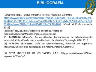 BIBLIOGRAFÍA
[1] Google Maps. Parque Industrial Pereira, Risaralda, Colombia
https://www.google.com/maps/place/Parque+Industrial,+Pereira,+Risaralda/@4.
8254266,75.7341993,16z/data=!3m1!4b1!4m5!3m4!1s0x8e387e09bde3acc7:0xd
03520ae1eaec77f!8m2!3d4.8250922!4d-75.7298805. [Citado el 12 de marzo de
2019]
[2].http://ocw.uc3m.es/ingenieria-mecanica/teoría-de
maquinas/lecturas/MantenimientoIndustrial.pdf
[3] MONTILLA Montaña, Carlos Alberto. Fundamentos de Mantenimiento
Industrial. Colección de textos académicos. Facultad de Tecnología. UTP. 2016.
[4] HERRERA, Humberto. Guía de Mantenimiento, Facultad de Ingeniería
Mecánica, Universidad Tecnológica de Pereira, Pereira, Colombia.
[5] NOVA INGENIERÍA DE COLOMBIAS S.A.S. http://smpluspro.com/Nova-
Ingenier%C3%ADa/
 