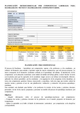 PLANIFICACIÓN MICROCURRICULAR POR COMPETENCIAS LABORALES PARA
BACHILLERATO TÉCNICO Y BACHILLERATOS COMPLEMENTARIOS.
PLANIFICACIÓN POR COMPETENCIAS
El proceso de Enseñanza – Aprendizaje por competencias supone, a los profesores y a los estudiantes, un
esfuerzo de formación para enseñar y aprender según las nuevas orientaciones que este proceso propone. La
nueva concepción de la formación académica centrada en el aprendizaje del alumno, la introducción de las
competencias en la educación ecuatoriana como unidad de medida del trabajo global, es decir vincular la teoría
con la práctica para que los egresados de la secundaria tengan acceso a un trabajo con desempeño eficiente,
aplicando los saberes aprendidos por los estudiantes y la organización de los programas de las disciplinas en
torno a las competencias genéricas básicas, transversales y específicas, todo esto exige una revisión radical de
nuestras teorías y prácticas al uso de una planificación, realización y evaluación del proceso aprendizaje-
enseñanza .
Esta actividad está diseñada para facilitar a los profesores la revisión de las teorías y prácticas docentes
personales a la luz de las nuevas propuestas y presentar un modelo del proceso de aprendizaje-enseñanza por
competencias.
Objetivos
– Adquirir información sobre el proceso de aprendizaje-enseñanza por competencias.
– Comparar las teorías y prácticas docentes de los profesores con el modelo propuesto de formación por
competencias.
– Aplicar lo aprendido en el taller al diseño de instrumentos curriculares por competencias en la disciplina
correspondiente.
 