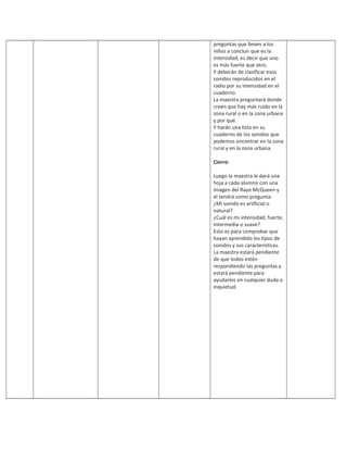 preguntas que lleven a los
niños a concluir que es la
intensidad, es decir que uno
es más fuerte que otro.
Y deberán de clasificar esos
sonidos reproducidos en el
radio por su intensidad en el
cuaderno.
La maestra preguntará donde
creen que hay más ruido en la
zona rural o en la zona urbana
y por qué.
Y harán una lista en su
cuaderno de los sonidos que
podemos encontrar en la zona
rural y en la zona urbana.
Cierre:
Luego la maestra le dará una
hoja a cada alumno con una
imagen del Rayo McQueen y
el tendrá como pregunta:
¿Mi sonido es artificial o
natural?
¿Cuál es mi intensidad, fuerte,
intermedia o suave?
Esto es para comprobar que
hayan aprendido los tipos de
sonidos y sus características.
La maestra estará pendiente
de que todos estén
respondiendo las preguntas y
estará pendiente para
ayudarlos en cualquier duda o
inquietud.
 