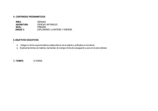 5.- CONTENIDOS PROGRAMÁTICOS:
ÁREA: CIENCIAS
ASIGNATURA: CIENCIAS NATURALES
NIVEL: PRIMARIA
UNIDAD 3: EXPLORANDO LA MATERIA Y ENERGÍA
6.-OBJETIVOS EDUCATIVOS.
-
 Indagar en forma experimental los estados físicos de la materia y verificarlos en el entorno
 Explorar las formas de materia y las fuentes de energía, forma de propagación y usos en la vida cotidiana
7.- TIEMPO: 12 HORAS
 