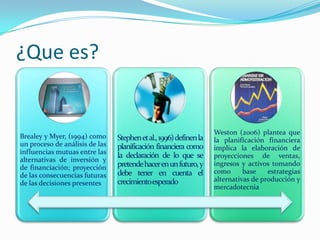 ¿Que es?


                                                                Weston (2006) plantea que
Brealey y Myer, (1994) como     Stephenetal., 1996) definenla   la planificación financiera
un proceso de análisis de las   planificación financiera como   implica la elaboración de
influencias mutuas entre las
                                la declaración de lo que se     proyecciones de ventas,
alternativas de inversión y
                                pretendehacerenun futuro, y     ingresos y activos tomando
de financiación; proyección
                                debe tener en cuenta el         como      base    estrategias
de las consecuencias futuras
                                crecimientoesperado             alternativas de producción y
de las decisiones presentes
                                                                mercadotecnia
 