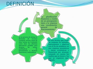 DEFINICIÓN

                                    La    planificación
                                    financiera a través
                                    de un presupuesto
                                    dará a la empresa
                                    una coordinación
                                    general          de
                                    funcionamiento.


    Es un proceso de estimar la
    demanda       de     recursos
    (compras, activos, mano de              Es una técnica que reúne
    obra, ventas, etc.) teniendo            un conjunto de métodos,
    como base las distintas                 instrumentos y objetivos
    alternativas posibles para
    alcanzar      las      metas,
                                            con el fin de establecer en
    auxiliándose               de           una empresa pronósticos
    herramientas y técnicas                 y metas económicas y
    financieras y matemáticas.              financieras por alcanzar,
                                            tomando en cuenta los
                                            medios que se tienen y los
                                            que se requieren para
                                            lograrlo.
 