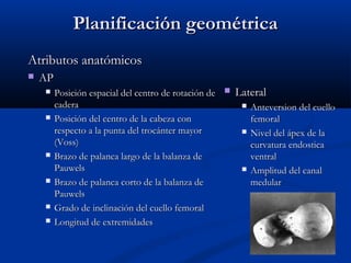 PPllaanniiffiiccaacciióónn ggeeoommééttrriiccaa 
AAttrriibbuuttooss aannaattóómmiiccooss 
 AAPP 
 PPoossiicciióónn eessppaacciiaall ddeell cceennttrroo ddee rroottaacciióónn ddee 
ccaaddeerraa 
 PPoossiicciióónn ddeell cceennttrroo ddee llaa ccaabbeezzaa ccoonn 
rreessppeeccttoo aa llaa ppuunnttaa ddeell ttrrooccáánntteerr mmaayyoorr 
((VVoossss)) 
 BBrraazzoo ddee ppaallaannccaa llaarrggoo ddee llaa bbaallaannzzaa ddee 
PPaauuwweellss 
 BBrraazzoo ddee ppaallaannccaa ccoorrttoo ddee llaa bbaallaannzzaa ddee 
PPaauuwweellss 
 GGrraaddoo ddee iinncclliinnaacciióónn ddeell ccuueelllloo ffeemmoorraall 
 LLoonnggiittuudd ddee eexxttrreemmiiddaaddeess 
 LLaatteerraall 
 AAnntteevveerrssiioonn ddeell ccuueelllloo 
ffeemmoorraall 
 NNiivveell ddeell ááppeexx ddee llaa 
ccuurrvvaattuurraa eennddoossttiiccaa 
vveennttrraall 
 AAmmpplliittuudd ddeell ccaannaall 
mmeedduullaarr 
 