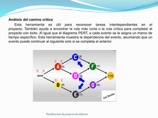 Planificación de proyecto de software
Análisis del camino crítico
Esta herramienta es útil para reconocer tareas interdependientes en el
proyecto. También ayuda a encontrar la ruta más corta o la ruta crítica para completar el
proyecto con éxito. Al igual que el diagrama PERT, a cada evento se le asigna un marco de
tiempo específico. Esta herramienta muestra la dependencia del evento, asumiendo que un
evento puede continuar al siguiente solo si se completa el anterior.
 