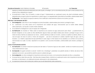 Docente en formación: Sarahi Villafranca González

5° semestre

Lic. Preescolar.

expresar sus ideas) previamente elaborado para salir al patio a investigar con la comunidad escolar ¿Por qué no tiran la basura en los
botes? ¿Cómo desperdician el agua?
•

Se proyectará el video “Fluvi te enseña a cuidar el Agua”. Posteriormente se cuestionará acerca de ¿Qué actividades realizan
desperdiciando el agua? ¿Qué tan importante es cuidar el agua y no desperdiciarla? ¿Qué efectos favorables y desfavorables tiene?

•

De Desarrollo: Para mejorar los espacios veremos si han clasificado correctamente la basura en los botes y por qué.

Miércoles 13 de Noviembre del 2013
•

De Investigación: cada niño en casa investigará acciones favorables y desfavorables para ahorrar y proteger el agua

•

Se

cuestionará a los niños acerca de la importancia del cuidado del agua, mencionando que es nuestro deber utilizarla

adecuadamente, y así ayudar a nuestro medio ambiente.
•

Se socializará lo investigado en casa en equipos de 5 integrantes.

•

De Motivación: Se mostrará el “Vídeo sobre la importancia de conservar el agua (educación para niños)” y posteriormente se
llevarán imágenes con las cuales los niños identificarán algunas tareas qué deben realizar para ahorrar y proteger el agua como:
Cerrar las llaves mientras se enjabonan las manos , cerrarla mientras se tallan en el baño, cuando se cepillan los dientes utilicen un
vaso de agua, No lavar el coche a "chorro de manguera" , usar solo la necesaria en cubetas, reporten fugas de agua, usen la
lavadora a su máximo capacidad de ropa permitida en cada carga, no tiren basura en las coladeras y lo contrario a las acciones
mencionadas; las cuales los niños separarán en el pizarrón, como acciones favorables y desfavorables para ahorrar y proteger el
agua.

Jueves 14 de Noviembre del 2013
•

De motivación: se cantará a través de la proyección del video la “Canción el agua es vida cuídala”, donde nos muestra las acciones
vistas anteriormente en clase.

•

De Desarrollo: Se jugará cantado la canción “acitrón de un fandango”, pasándose una pelotita donde al término de esta el niño
expresará una acción que pondrá en práctica para el cuidado del agua.

•

De Investigación: Los niños investigarán la importancia del lavado de manos, con las docentes del jardín de niños o compañeros.

•

Se proyectará el video Discovery Kids - Doki Descubre Limpieza Diaria, al término se cuestionará acerca de la importancia de lavarse
las manos, no tirar basura y la clasificación de esta, retomando lo visto anteriormente.

•

Se observara la basura de los botes para verificar que se está depositando adecuadamente. .

 