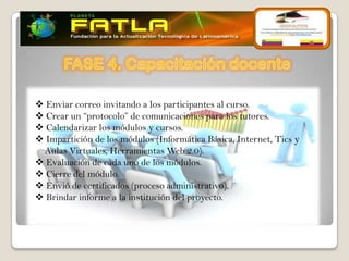  Enviar correo invitando a los participantes al curso.
 Crear un “protocolo” de comunicaciones para los tutores.
 Calendarizar los módulos y cursos.
 Impartición de los módulos (Informática Básica, Internet, Tics y
 Aulas Virtuales, Herramientas Web 2.0).
 Evaluación de cada uno de los módulos.
 Cierre del módulo.
 Envió de certificados (proceso administrativo).
 Brindar informe a la institución del proyecto.
 