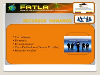 RECURSOS HUMANOS



• Un Pedagogo
• Un técnico
• Un comunicador
• Cinco Facilitadores (Tutores Virtuales)
• Diseñador Gráfico
 