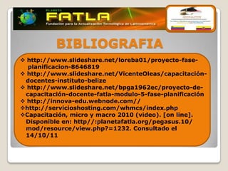 BIBLIOGRAFIA
 http://www.slideshare.net/loreba01/proyecto-fase-
  planificacion-8646819
 http://www.slideshare.net/VicenteOleas/capacitación-
 docentes-instituto-belize
 http://www.slideshare.net/bpga1962ec/proyecto-de-
 capacitación-docente-fatla-modulo-5-fase-planificación
 http://innova-edu.webnode.com//
http://servicioshosting.com/whmcs/index.php
Capacitación, micro y macro 2010 (video). [on line].
 Disponible en: http//:planetafatla.org/pegasus.10/
 mod/resource/view.php?=1232. Consultado el
 14/10/11
 