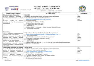 ESCUELA DE EDUCACIÓN BÁSICA
“MARÍA LUISA VITERI AGUILAR”
CÓDIGO AMIE: 09H04377 DISTRITO: 09D18 CIRCUITO: C01_a
DIRECCIÓN: AV. 5 DE OCTUBRE Y 9 DE OCTUBRE
Periodo lectivo 2024-2025
ÁMBITOS Y DESTREZAS ACTIVIDADES RECURSOS
Relaciones Lógico Matemática.
M.1.4.14. Identificar cantidades y
asociarlas con los numerales 1 al 10 y el
0.
M.1.4.15. Escribir los números
naturales, de 0 a 10, en contextos
significativos.
Convivencia.
CS.1.1.3. Reconocer su historia personal
y familiar, desde su nacimiento.
CS.1.3.5. Reconocer los medios de
transporte más comunes mediante
imágenes que los relacionen con el
medio en los que estos transitan.
CS.1.3.7. Identificar alguna de las
manifestaciones culturales (música,
comida, festividades y tradición oral) de
la localidad.
MARTES
Actividades iniciales: saludo, estado del tiempo y control de asistencia.
 Escuchar y aprender la canción del ¨Nùmero 1¨
 https://www.youtube.com/watch?v=jV1fvGYt8lY
 Contestar preguntas
 ¿Cuántos aviones había en el video?
 ¿Cuántos barcos había en el video?
 ¿Cuántos trenes había en el video?
 ACTIVIDAD:
 Pinta el nùmero 1, el elemento y dibuja 1 elemento dentro del círculo.
 Felicitar a los estudiantes.
 Escuchar y observar el video ¨La familia afro ecuatoriana¨
 https://www.youtube.com/watch?v=4yLablWs6Cg&t=24s
 Responder preguntas:
 ¿Desde dónde fueron traídos la familia afro ecuatoriana?
 ¿Qué figura es importante dentro de la familia?
 ¿Qué hacen las abuelas?
 ACTIVIDAD:
 Realizar la actividad de la pàg. 13, 14, 17, 18, 19 del Libro de la cultura afroecuatoriana.
 Felicitar a los estudiantes.
Tv.
Papel
Goma
Lápiz
Borrador.
Tv
Hoja.
Libro
Lámina.
Colores.
Lápiz
Comprensión y expresión del lenguaje
LL.1.5.16. Explorar la formación de
palabras y oraciones, utilizando la
conciencia lingüística (fonológica,
léxica, sintáctica y semántica.
LL.1.5.17. Registrar, expresar y
comunicar ideas, mediante sus propios
códigos.
MIÉRCOLES
Actividades iniciales: saludo, estado del tiempo y control de asistencia.
 Observar el video ¨ Escribo mi nombre¨
 https://www.youtube.com/watch?v=CIlAQEQUxYQ
 Hacer preguntas acerca del video.
 ¿Podemos hacer una tarjeta para el nombre?
 ¿También lo podemos hacer a través del alfabeto nombre?
 ¿Y podemos pegarle papelito?
 ¿Usted cree que puede calcarlo?
Tv.
Lápiz
Borrador
Libro
Colores
Fono: 04-2720146 Email: marialuisaviteri@hotmail.com
 