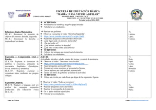 ESCUELA DE EDUCACIÓN BÁSICA
“MARÍA LUISA VITERI AGUILAR”
CÓDIGO AMIE: 09H04377 DISTRITO: 09D18 CIRCUITO: C01_a
DIRECCIÓN: AV. 5 DE OCTUBRE Y 9 DE OCTUBRE
Periodo lectivo 2024-2025
Relaciones Lógico Matemática.
M.1.4.2. Reconocer la posición de
objetos del entorno: derecha, izquierda.
M.1.4.3. Reconocer la derecha e
izquierda en los demás.
 ACTIVIDAD:
 Presentarles su nombre y pegarles papel trozado
 Felicitar a los estudiantes.
 Realizar un grafismo.
 Observar y escuchar el video ¨Derecha/Izquierda¨
 https://www.youtube.com/watch?v=a1gbc-2ia0E
 Responder preguntas sobre el video observado.
 ¿Qué figura está a la derecha de la niña?
 ¿De qué color es?
 ¿Qué animal estaba a la derecha?
 ¿Qué niño o niña estaba a la derecha?
 ACTIVIDAD:
 Colorea las tortugas que miran hacia la derecha.
 Felicitar a los estudiantes
Tv.
Lámina.
Lápiz.
Colores.
Expresión y Comprensión Oral y
Escrita.
LL.1.5.16. Explorar la formación de
palabras y oraciones, utilizando la
conciencia lingüística (fonológica,
léxica, sintáctica y semántica.
LL.1.5.17. Registrar, expresar y
comunicar ideas, mediante sus propios
códigos.
Expresión Corporal.
EF.1.7.4. Traducir a lenguaje oral y/o
gráfico los mensajes corporales
producidos. (En Educación Física
EF.1.3.4.)
JUEVES
Actividades iniciales: saludo, estado del tiempo y control de asistencia.
 Observar el video ¨ Oraciones con círculos¨
 https://www.youtube.com/watch?v=pfyjUjLxons
 Hacer preguntas acerca del video.
 Pronunciar varias oraciones al presentarles figuras
 Dar un aplauso por cada palabra pronunciada.
 Darles los libros de gobierno y realizar la actividad.
 ACTIVIDAD:
 Dibuja un círculo por cada frase que digas de las siguientes figuras.
 Observar el video ¨Todos a movernos¨
 https://www.youtube.com/watch?v=OBwvBpQxqdY
 Realizar preguntas acerca del video.
 Realizar la coreografía de la canción.
 En el patio realizar ejercicios.
 Felicitar a los estudiantes.
Tv.
Hoja
Papel
Goma
Lápiz
Borrador
Colores
Tv.
Video
Patio.
Fono: 04-2720146 Email: marialuisaviteri@hotmail.com
 
