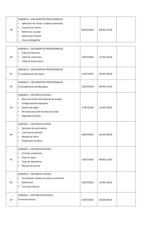39
[UNIDAD 4 – DOCUMENTOS PROFESIONALES]
• Aplicación de rótulos a objetos insertados
• Creación de rótulos
• Referencia cruzada
• Administrar fuentes
• Citas y bibliografía
05/07/2018 09h30-11h30
40
[UNIDAD 4 – DOCUMENTOS PROFESIONALES]
• Índice de términos
• Tabla de contenidos
• Tabla de ilustraciones
10/07/2018 11h30-13h30
41
[UNIDAD 4 – DOCUMENTOS PROFESIONALES]
Complemento de Zotero 11/07/2018 16h30-18h30
42
[UNIDAD 4 – DOCUMENTOS PROFESIONALES]
Complemento de Mendeley 12/07/2018 09h30-11h30
43
[UNIDAD 5 – GESTIÓN DE DATOS]
• Reconocimiento del ambiente de trabajo
• Configuraciones especiales
• Edición de celdas
• Personalización de formatos de celda
• Seguridad de datos
17/07/2018 11h30-13h30
44
[UNIDAD 5 – GESTIÓN DE DATOS]
• Opciones de autorrelleno
• Listas personalizadas
• Manejo de filtros
• Ordenación de datos
18/07/2018 16h30-18h30
45
[UNIDAD 5 – GESTIÓN DE DATOS]
• Formato condicional
• Tipos de datos
• Tipos de operadores
• Manejo de errores
19/07/2018 09h30-11h30
46
[UNIDAD 5 – GESTIÓN DE DATOS]
• Formulación simple con valores constantes
• Referencias
• Funciones básicas
24/07/2018 11h30-13h30
47
[UNIDAD 5 – GESTIÓN DE DATOS]
Funciones básicas 25/07/2018 16h30-18h30
 