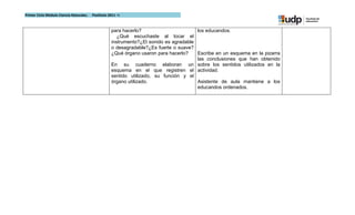 Primer Ciclo Módulo Ciencia Naturales.   Postítulo 2011 –I



                                                    para hacerlo?                       los educandos.
                                                       ¿Qué escuchaste al tocar el
                                                    instrumento?¿El sonido es agradable
                                                    o desagradable?¿Es fuerte o suave?
                                                    ¿Qué órgano usaron para hacerlo?    Escribe en un esquema en la pizarra
                                                                                        las conclusiones que han obtenido
                                                    En su cuaderno elaboran un sobre los sentidos utilizados en la
                                                    esquema en el que registren el actividad.
                                                    sentido utilizado, su función y el
                                                    órgano utilizado.                   Asistente de aula mantiene a los
                                                                                        educandos ordenados.
 