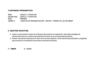 5 CONTENIDOS PROGRAMÁTICOS:
ÁREA: LENGUA Y LITERATURA
ASIGNATURA: LENGUA Y LITERATURA
NIVEL: PRIMARIA
UNIDAD 6: “CUENTOS DE PERSONIFICACIÓN, CHISTES Y ORÍGEN DE LAS PALABRAS”
6.- OBJETIVOS EDUCATIVOS.
 Lograr un acercamiento a textos de la literatura para potenciar la imaginación, desarrollar estrategias de
comprensión lectora en noticias sorprendentes y promover el uso de organizadores gráficos.
 Producir narraciones históricas en el marco de la correcta utilización de los elementos gramaticales y ortográficos
para promover la consolidación de procesos comunicativos eficaces.
7.- TIEMPO 51 HORAS.
 