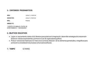 5.- CONTENIDOS PROGRAMÁTICOS:
ÁREA: LENGUA Y LITERATURA
ASIGNATURA: LENGUA Y LITERATURA
NIVEL: PRIMARIA
UNIDAD Nº 2:
“ CUENTOS DE ANIMALES, TEXTOS DE
ENTRETENIMIENTO Y DICCIONARIOS”
6.- OBJETIVOS EDUCATIVOS:
 Lograr un acercamiento a textos de la literatura para potenciar la imaginación, desarrollar estrategias de comprensión
lectora en noticias sorprendentes y promover el uso de organizadores gráficos.
 Producir narraciones históricas en el marco de la correcta utilización de los elementos gramaticales y ortográficos para
promover la consolidación de procesos comunicativos eficaces.
7.- TIEMPO 52 HORAS.
 