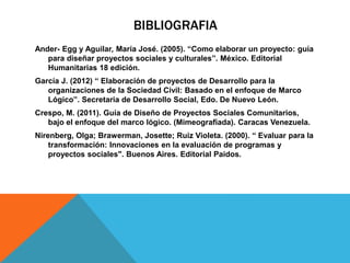 BIBLIOGRAFIA
Ander- Egg y Aguilar, María José. (2005). “Como elaborar un proyecto: guía
para diseñar proyectos sociales y culturales”. México. Editorial
Humanitarias 18 edición.
García J. (2012) “ Elaboración de proyectos de Desarrollo para la
organizaciones de la Sociedad Civil: Basado en el enfoque de Marco
Lógico”. Secretaria de Desarrollo Social, Edo. De Nuevo León.
Crespo, M. (2011). Guía de Diseño de Proyectos Sociales Comunitarios,
bajo el enfoque del marco lógico. (Mimeografiada). Caracas Venezuela.
Nirenberg, Olga; Brawerman, Josette; Ruiz Violeta. (2000). “ Evaluar para la
transformación: Innovaciones en la evaluación de programas y
proyectos sociales". Buenos Aires. Editorial Paidos.
 